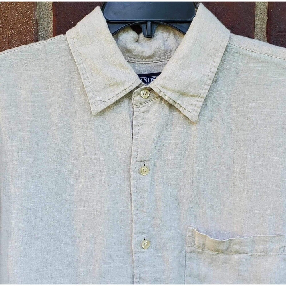 Lands End Mens Medium Linen Beige Short Sleeve Button Shirt 15-15.5 - Picture 2 of 6